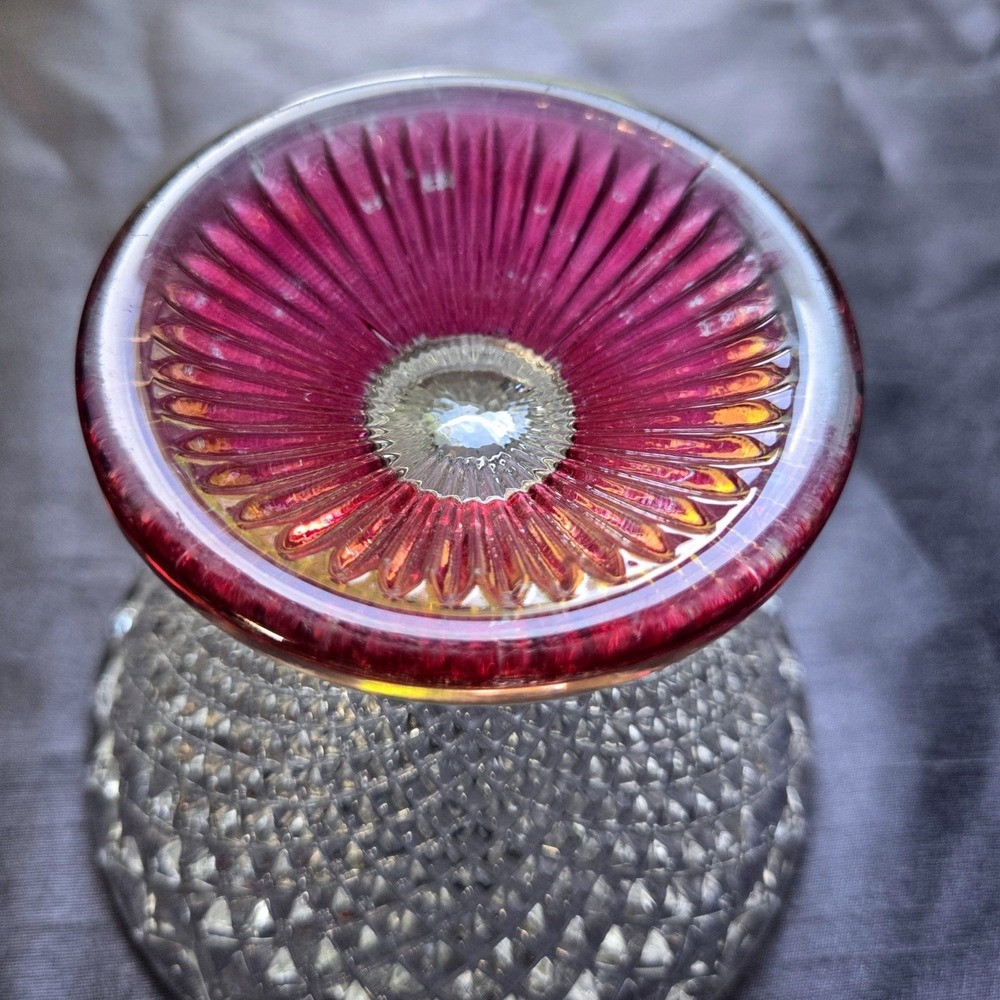 Vintage Ruby Red Flash Diamond Point Glass Lidded Candy Dish Pedestal Compote - Picture 5 of 14